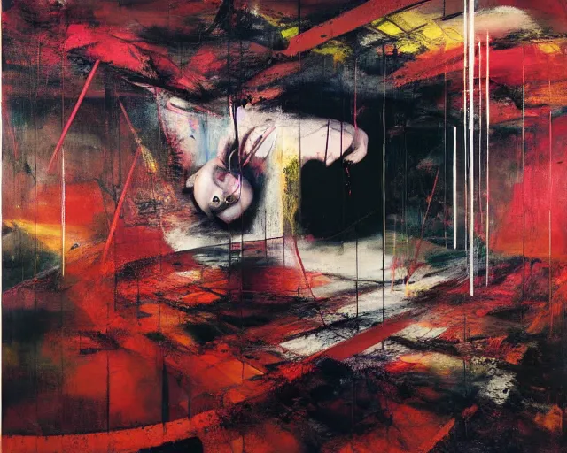 Image similar to the physical impossibility of death, in a brutalist designed space ship, rich deep colours, painted by francis bacon, adrian ghenie, james jean and petra cortright, part by gerhard richter, part by takato yamamoto. 8 k masterpiece