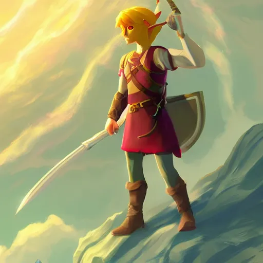 Image similar to upper body illustration of link from zelda in his god form, mattepainting concept blizzard pixar maya engine on stylized background splash comics global illumination lighting artstation, sharp focus, lois van baarle, ilya kuvshinov, rossdraws