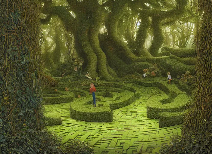 Image similar to jim henson's labyrinth. hedge maze. a green and luscious expanse of ivy - strewn trellises and thick green hedges stretches out in front of you. by edgar maxence and caravaggio and michael whelan and delacroix style, artistic, intricate painting, cinematic lighting, hyper realistic, extremely detailed, vivid colors, establishing shot, dramatic lighting