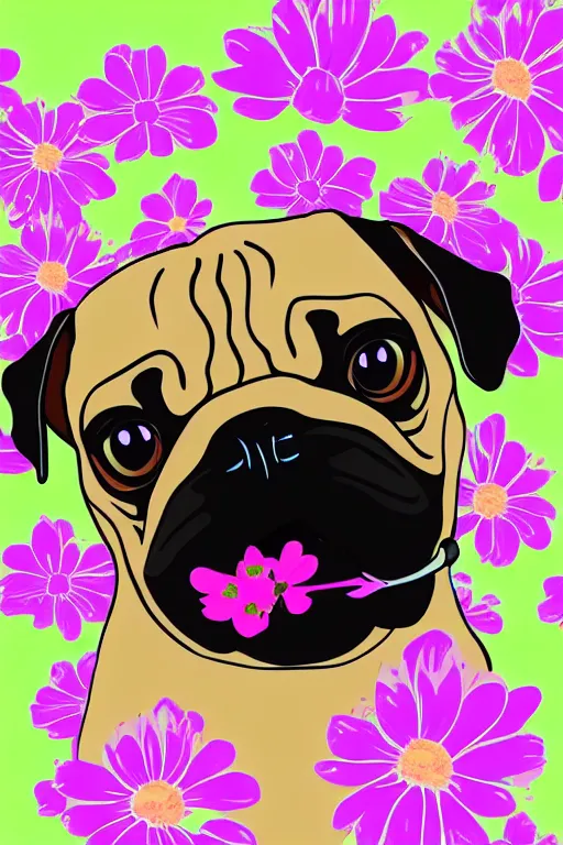 Image similar to pug eating flower. art by samantha mash, sticker, colorful, illustration, highly detailed, simple, smooth and clean vector curves, no jagged lines, vector art, smooth