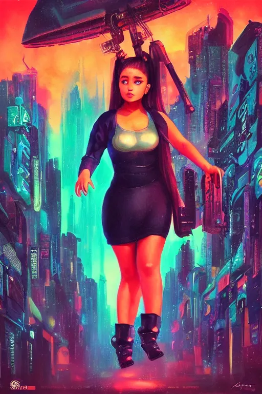 Prompt: chubby ariana grande, in the style of johan grenier and john picacio and alan m. clark, trending on artstation, bioluminescence tilt - shift blade runner 2 0 4 9, crayon art, futuresynth, splash art, post - minimalism