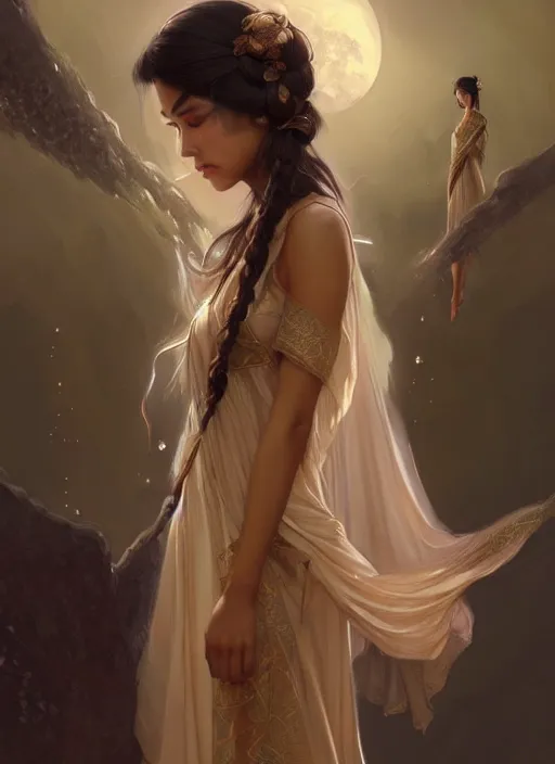 Image similar to cute brown woman wearing a transparent night gown and hanfu face veil, fantasy, intricate, highly detailed, digital painting, artstation, concept art, wallpaper, smooth, sharp focus, illustration, art by artgerm and greg rutkowski and alphonse mucha