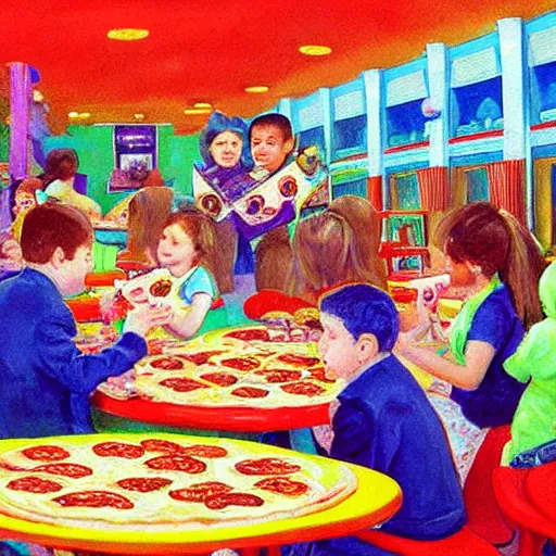 Image similar to a painting of chuck-e-cheese with kids eating pizza by monet