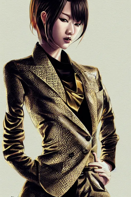 Image similar to yakuza slim girl, gold suit jacket in snake print, jacket over bare torso, yakuza tattoo on body, black short curtain haircut, black leather pants with black belt, portrait, elegant, 2d, ultra highly detailed, digital painting, smooth, sharp focus, artstation, art by Ilya Kuvshinov, rossdraws