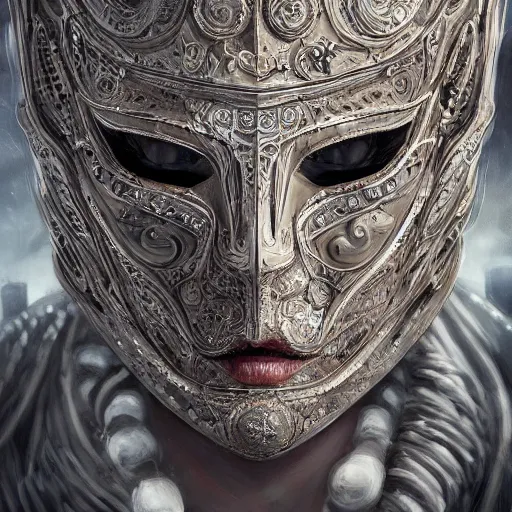 Image similar to Very very very very highly detailed epic central composition photo of face with venetian mask, intricate, dystopian, sci-fi, extremely detailed, digital painting, artstation, concept art, smooth, sharp focus, illustration, intimidating lighting, incredible art by Tokujin Yoshioka and Anton Pieck