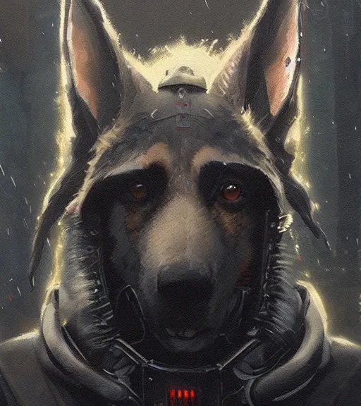 Image similar to new york city portrait of furry anthro anthropomorphic german shepard head animal person fursona wearing clothes strange cybernetic muzzle gloomy rainy cyberpunk digital art by Greg Rutkowski, Simon Stalenhag, trending on Artstation, CGSociety