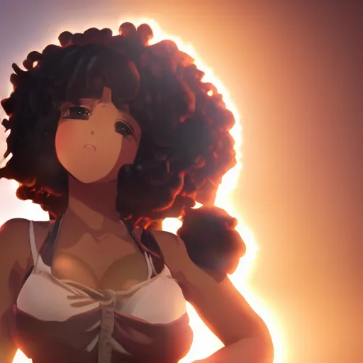 Prompt: a beautiful 3d brown anime girl, brown skin, black curly hair, Cinematic lighting, medium shot, in a anime masterpiece, highly detailed, Trending on artstation, unreal engine 4k, Cinematic wallpaper