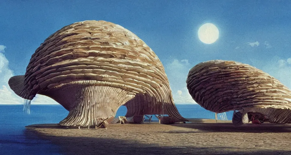 Prompt: a giant seashell house in the middle of nowhere, cinematography by syd mead, gregory crewdson