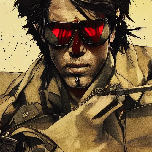 Image similar to portrait of a hero holding his weapon in front of his face by yoji shinkawa, high quality, extra details, realism, ornate, colored, golden chain, blood, white skin, short hair, brown eyes, vivid, sunlight, dynamic, american man, freedom, white american soldier, painting