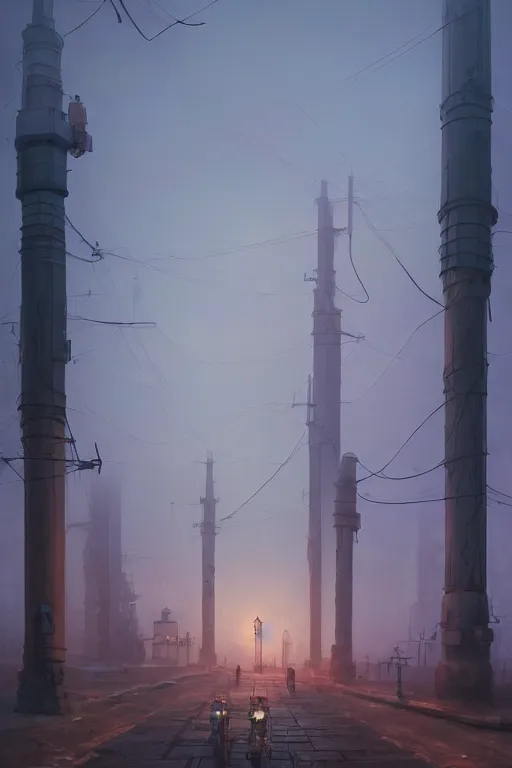 Image similar to a highly detailed matte painting of a soviet steampunk pylons in fog at night by studio ghibli, makoto shinkai, by artgerm, by wlop, by greg rutkowski, volumetric lighting, octane render, 4 k resolution, trending on artstation, masterpiece