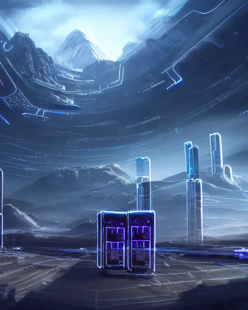 Image similar to cult of technology, exterior of scifi temple, machines, robots, ultra realistic, transparent labs, computers, highly detailed, mountains, clouds, futuristic landscape, city, atmosphere, masterpiece, holy place, epic lighting, glowing wires, mysterious, illuminated, 4 k, cinematic, art by patryk olkiewicz and chris ostrowski and liang yao