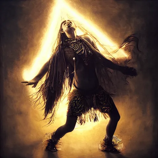 Image similar to a shaman dancing with light by Raymond Swanland