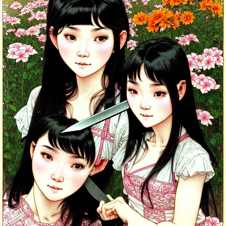 Image similar to closeup portrait of an innocent 18 year old lady from Vietnam wearing a pretty little dress with straight silky black hair, in a butcher shop, holding a butcher knife. insanely and epically detailed high-quality artwork with soft colors, exquisitely detailed soft shadowing, amazingly composed image, epic pencil illustration, by Range Murata and by Alphonse Mucha and by Katsuhiro Otomo.