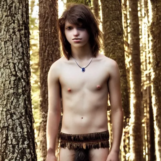 Image similar to a teenage boy, around 1 9 yo. necklace. natural brown hair. loincloth, pale skin. detailed face. ominous and eerie looking forest in background. natural colors. hyperrealistic photo.