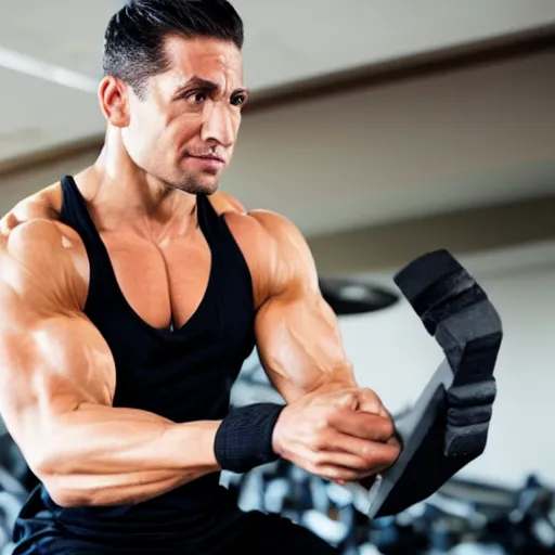 Prompt: muscular scientist thinking about scientific principles while working out at the gym