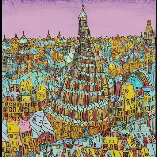 Image similar to by david bates ultradetailed. a print of a city made entirely out of kulich, a traditional russian easter bread. the city is bustling with activity. the print is playful & whimsical, with a touch of magic.