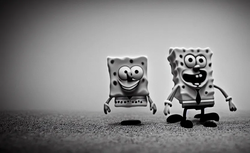 Image similar to SpongeBob, bikini bottom, photo quality, trending on art station, blur, unfocus, monochrome, 35mm