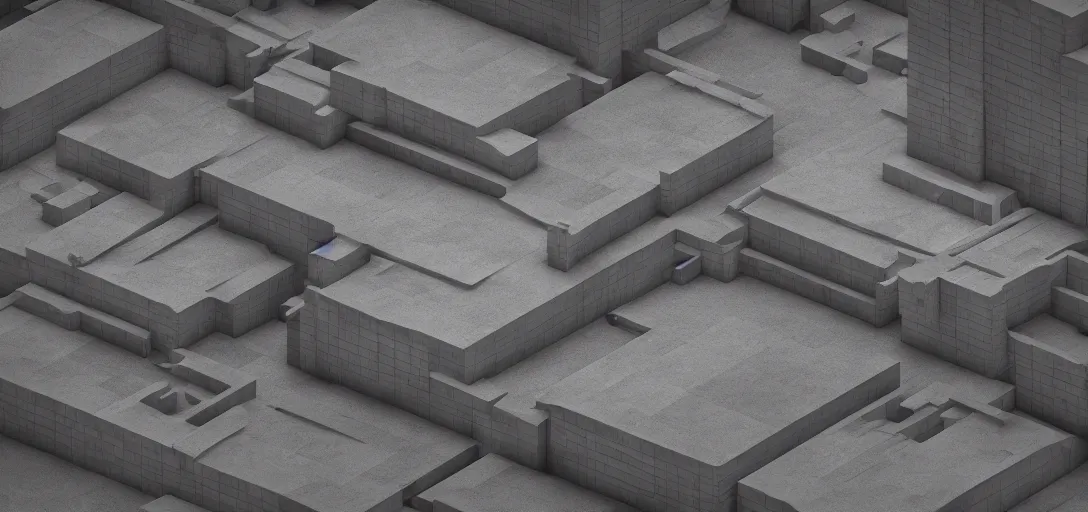 Prompt: isometric 3D octane render of a brutalist building, dramatic lighting, 8K, high resolution, realistic lighting