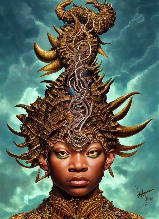Image similar to : chimera fantasy, fantasy magic,  , intricate, sharp focus, illustration, highly detailed, digital painting, concept art, jahbu art and Paul lewin and kehinde wiley, masterpiece
