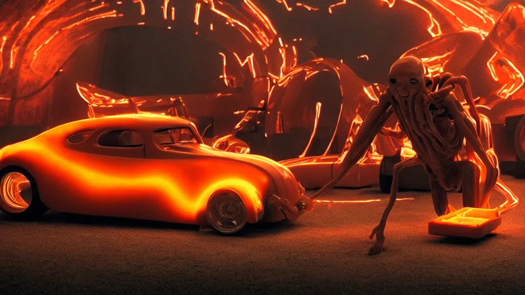 Image similar to the hot rod made of glowing wax, they look me in the eye, film still from the movie directed by Denis Villeneuve and David Cronenberg with art direction by Salvador Dalí, wide lens