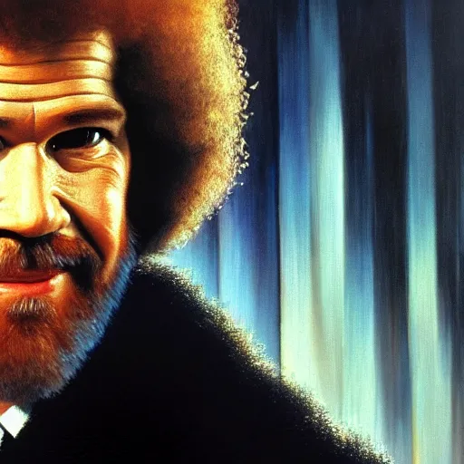 Prompt: portrait of bob ross as richard decker in bladerunner : bladerunner, film still, detailed realism face in painting, detailed beautiful portrait, oil painting masterpiece, 8 k resolution, smooth, sharp focus, trending on artstation, by rembrandt