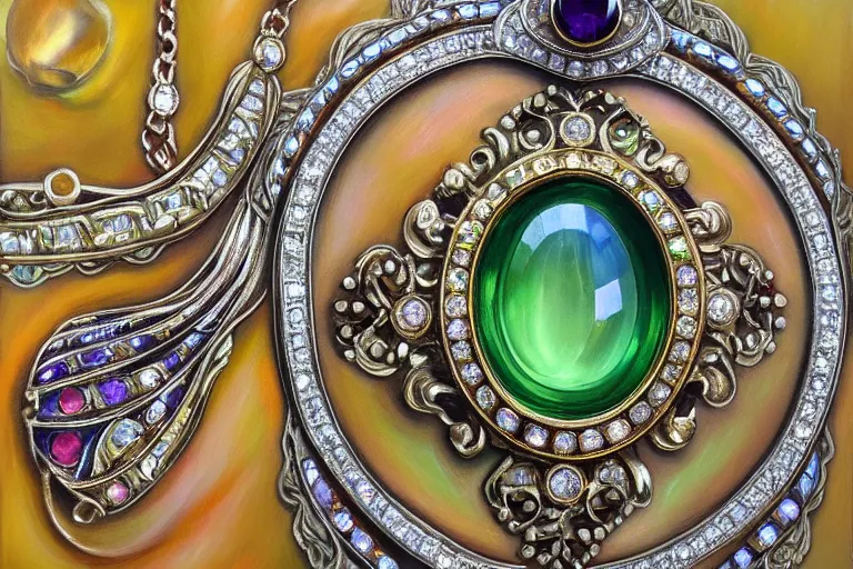 Prompt: highly detailed oil painting, very realistic gemstones, top view, art nouveau, ornate, delicate, brilliant precious gemstones necklace, dramatic light,