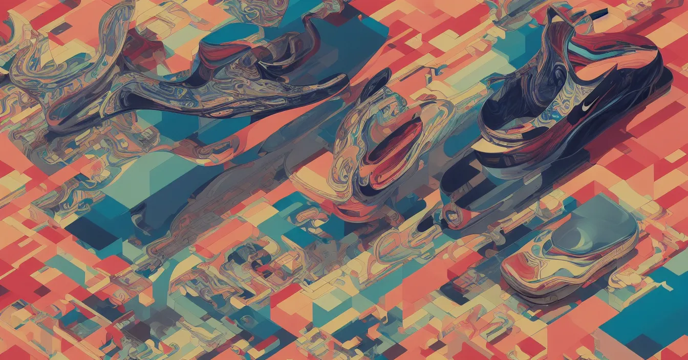 Image similar to excellent painted isometric view of nike air max 1 in foreground, high quality masterpiece painted, patterned background, 4k, trending on artstation, octane render, art by James Jean and artgerm and greg rutkowski and alphonse mucha and craig mullins and James Jean and Andrei Riabovitchev and Marc Simonetti and peter mohrbacher