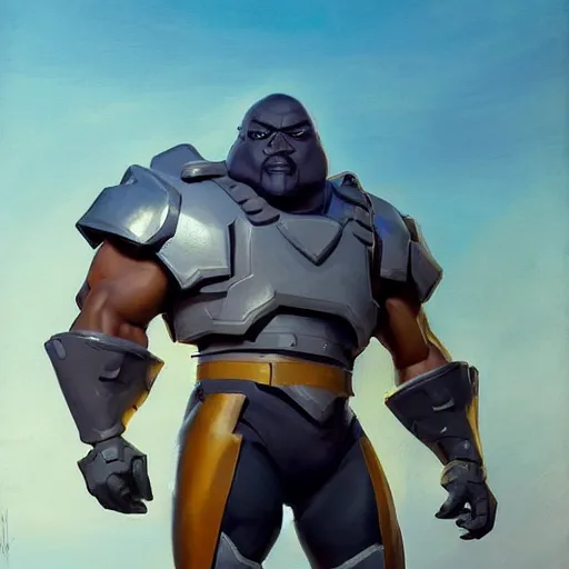 Image similar to greg manchess portrait painting of fully armored the foundation aka dwayne the rock from fortnite as overwatch character, medium shot, asymmetrical, profile picture, organic painting, sunny day, matte painting, bold shapes, hard edges, street art, trending on artstation, by huang guangjian, gil elvgren, ruan jia, greg rutkowski, gaston bussiere