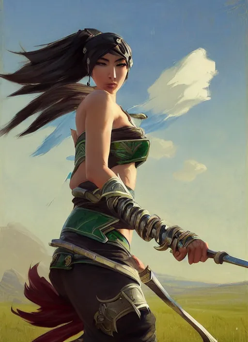 Image similar to portrait of Akali from League of Legends after work, countryside, calm, fantasy character portrait, dynamic pose, above view, view from above, sunny day, thunder clouds in the sky, artwork by Jeremy Lipkin and Giuseppe Dangelico Pino and Michael Garmash and Rob Rey, very coherent symmetrical artwork, sharp edges, perfect face, simple form, 100mm