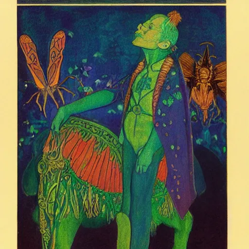Prompt: bioluminescent prince, by annie swynnerton and leo and diane dillon and adolf wolfli and ( diego rivera ), elaborate costume, flowers, iridescent beetles, rich color, dramatic cinematic lighting, smooth, sharp focus, extremely detailed