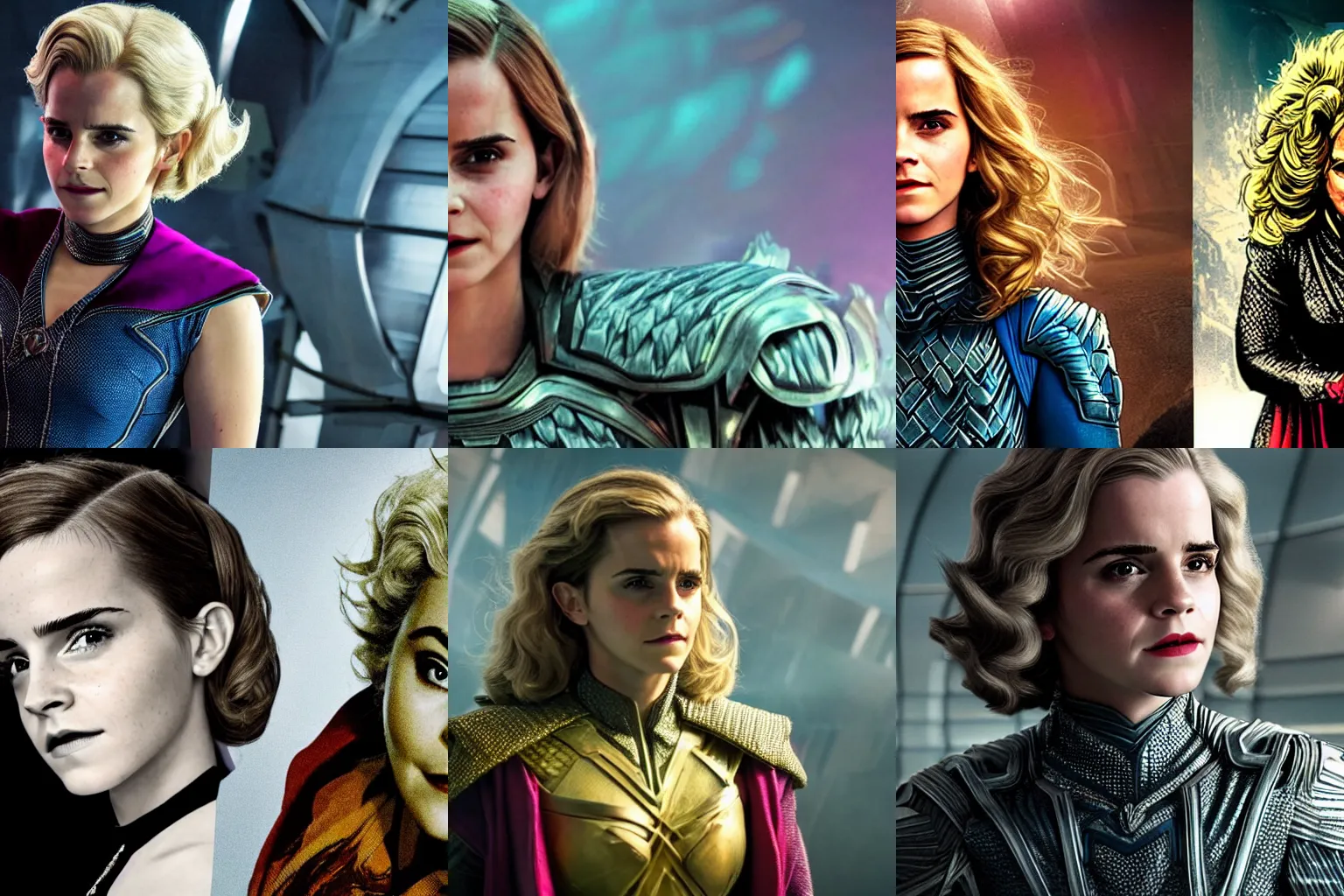 Prompt: !dream A cinematic still of Emma Watson as Granny Goodness in a movie about Jack Kirby's Fourth World. live action. soft studio lighting, award-winning cinema.