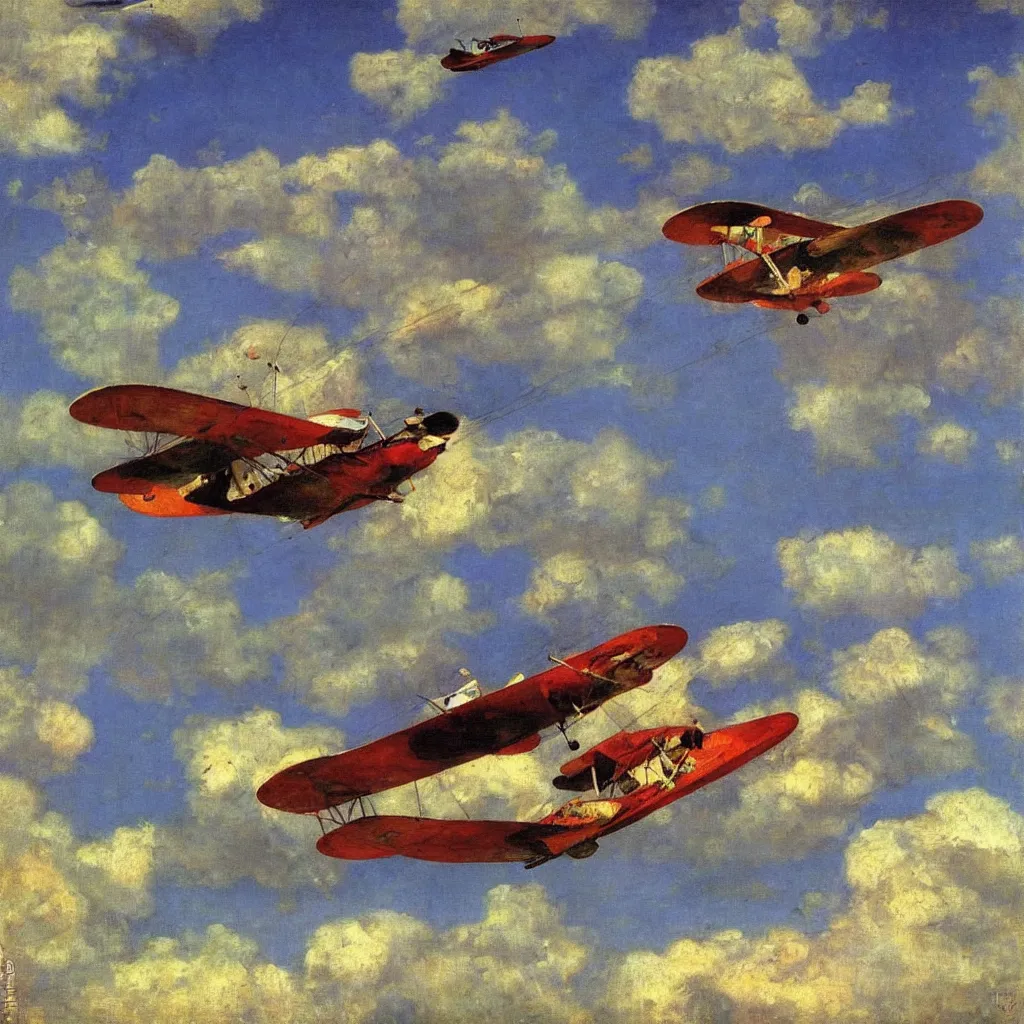 Image similar to two zepplins flying in the sky, 1935, highly detailed colourful oil on canvas, by Ilya Repin
