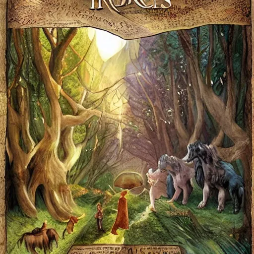 Prompt: Chronicles of Narnia and The Hobbit mixed into a dream storybook illustration