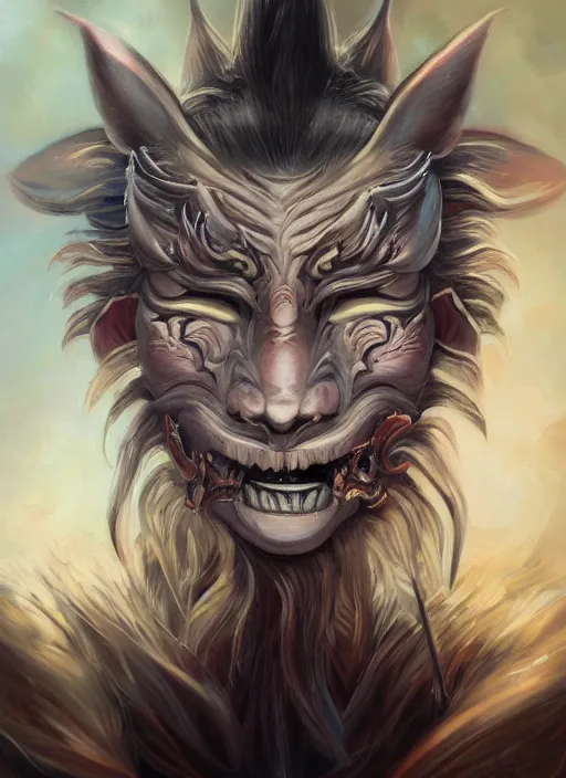 Image similar to a beautiful detailed oil on copper art illustration of a oni hannya mask shogun wolf woman, centered, by charlie bowater, zeng fanzh, trending on artstation, dim dusk lighting, cinematic lighting, detailed lighting, volumetric lighting, realistic, f 8, 4 k hd wallpaper