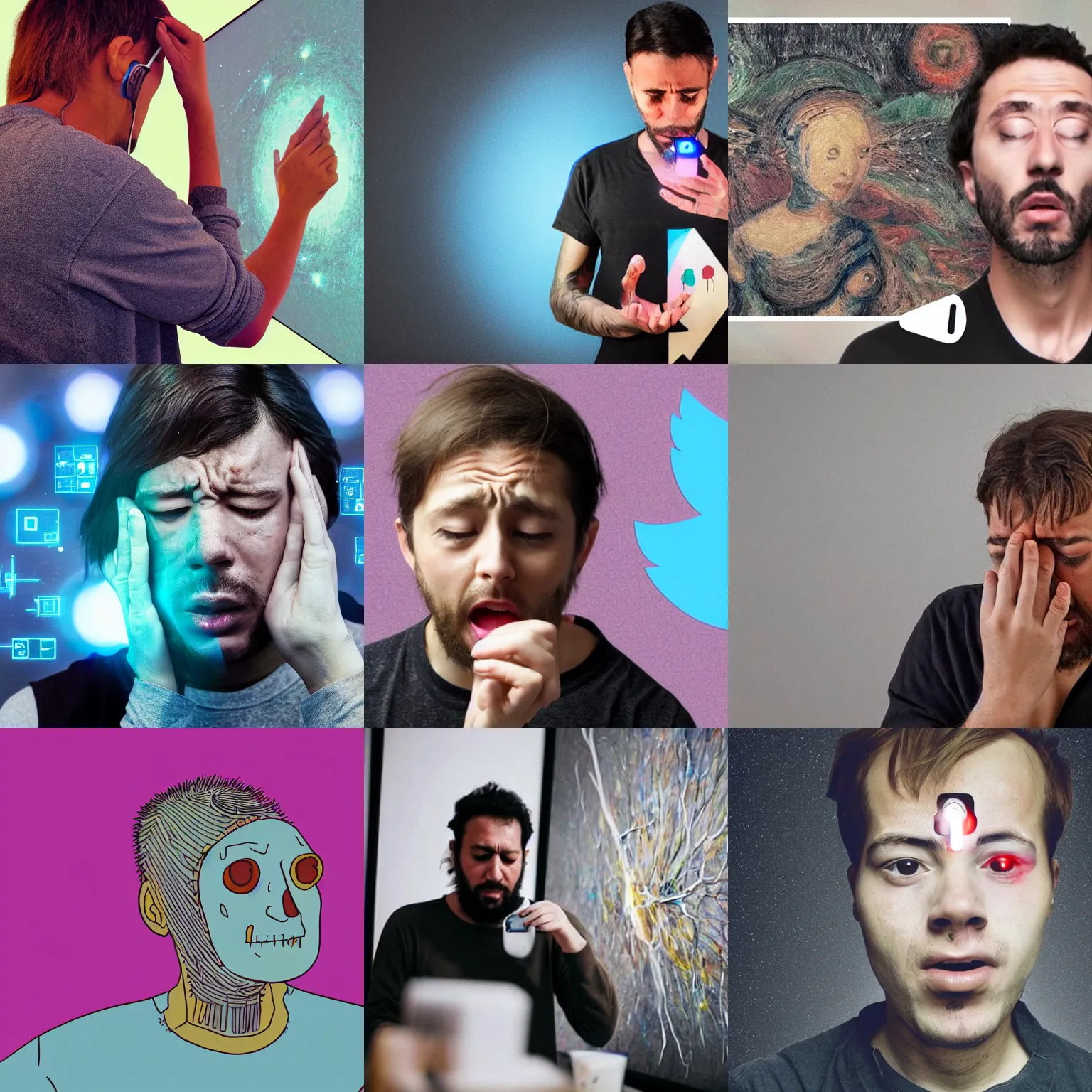 Prompt: photograph of an artist on twitter outraged and angry crying because ai is making art and he's afraid of the future