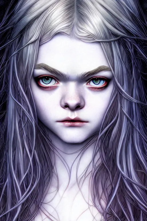 Image similar to portrait of a teenage vampire who looks like elle fanning, fantasy graphic novel style, by artgerm and luis royo and jenny frison, intricate, vivid colors, very fine inking lines, extremely detailed, 4k, hd