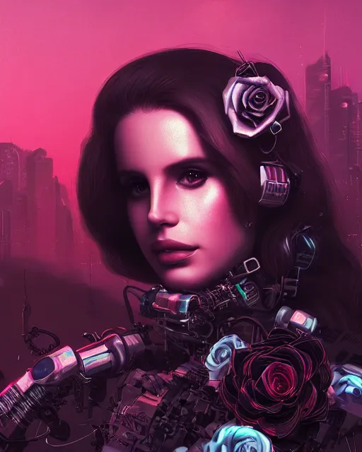 Image similar to portrait of lana del rey as a cyberpunk cyborg. roses, sci - fi, missing panels, intricate abstract upper body intricate artwork, by tooth wu, wlop, beeple, dan mumford. concept art, octane render, deviantart, greg rutkowski, cinematic, key art, hyperrealism, iridescent accents