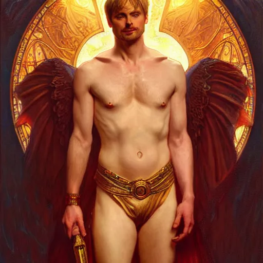 Prompt: attractive bradley james as lucifer morningstar, whole body in frame, natural lighting, path traced, highly detailed, high quality, digital painting, by gaston bussiere, craig mullins, alphonse mucha j. c. leyendecker