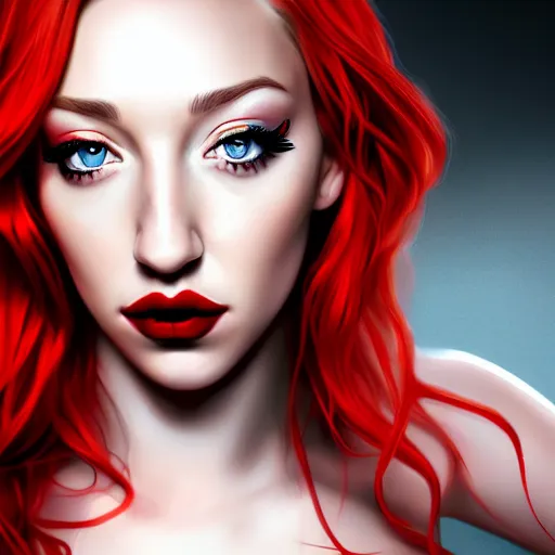 Prompt: a realistic illustration portrait of a beautiful kendra sunderland with curly black and red hair, black eyeliner, trending on artstation, hyper - realistic lighting, intricate, ross tran