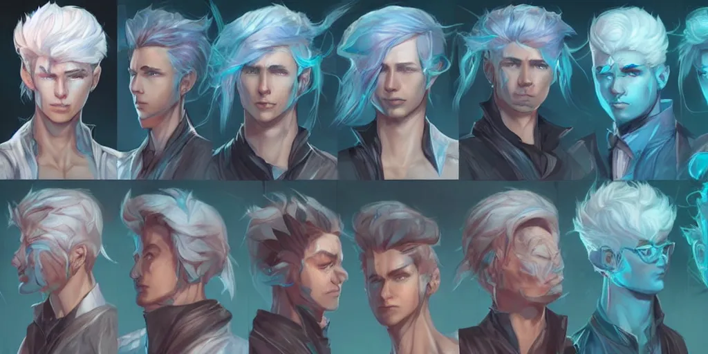 Image similar to concept art of young male netrunner d & d video game characters head designs, unique hair designs, by marc brunet and artgerm