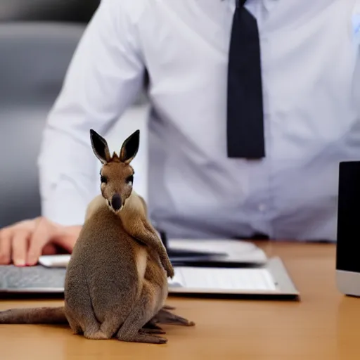 Image similar to A photo of a kangaroo in a business suit working in a corporate office, 4K, realistic