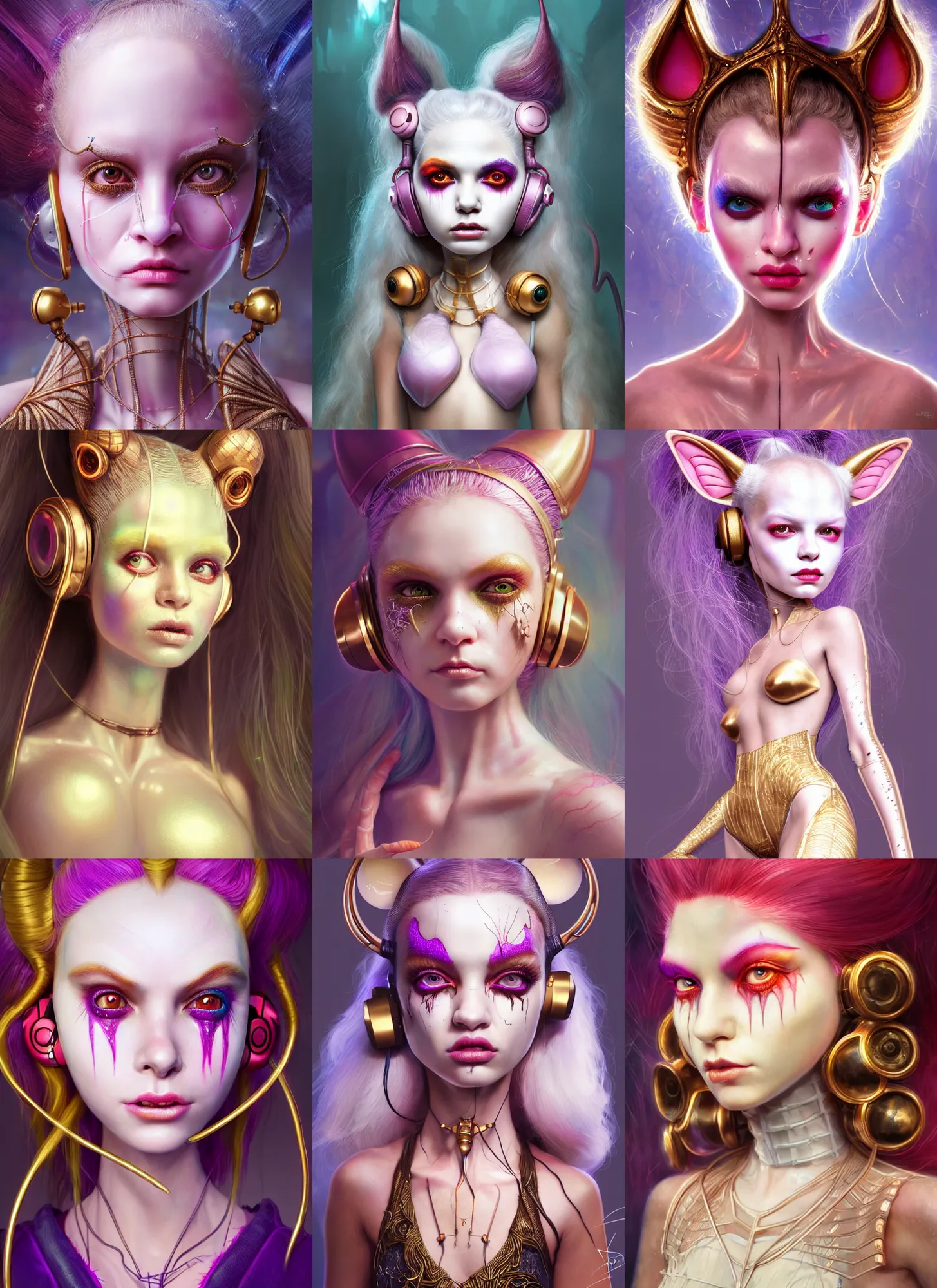 Prompt: disney weta portrait, soft lustrous biotech raver white clowncore demongirl cyborg, earbuds, golden ratio, alluring, sci - fi, fantasy, cyberpunk, intricate, decadent, highly detailed, digital painting, ever after high, octane render, artstation, concept art, smooth, sharp focus, illustration, art by artgerm, loish, wlop