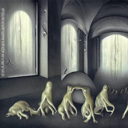 Prompt: group of creatures with distinct personalities, intertwined in an urban hotel room, several mirrors to other dimensions : : surreal architecture, chiaroscuro lighting, mysterious atmosphere : : a beautifully executed oil painting by leonora carrington, hieronymus bosch and james jean, ultra - detailed technical precision : : matte painting, high definition 3 d render, unreal engine