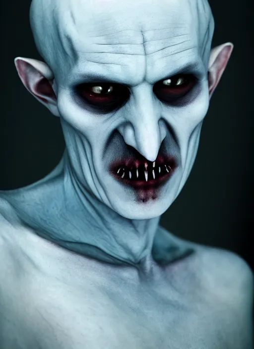 Image similar to vampire nosferatu, pale blue skin, portrait, extreme close up, photograph by elisabeth gadd, ultra detailed, realistic, dark, dramatic light, backlit