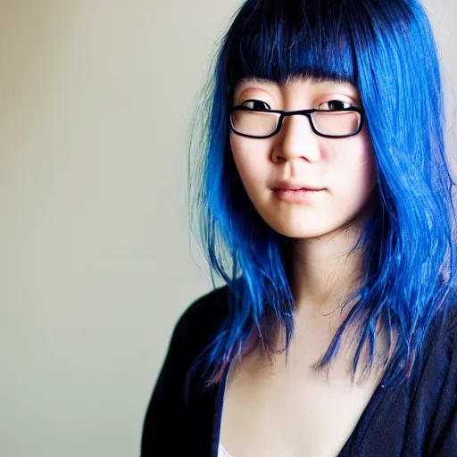 Image similar to photograph of a young Japanese woman with messy blue hair