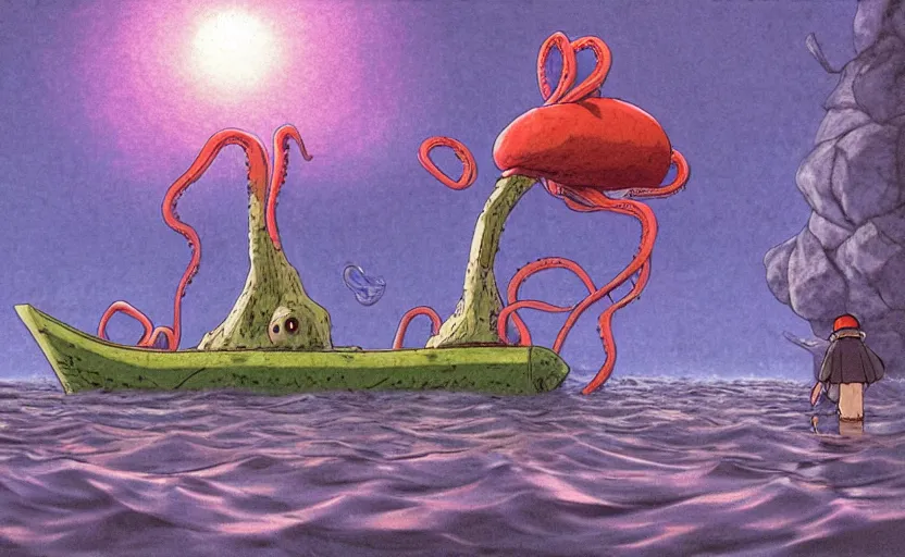 Prompt: a realistic cell - shaded studio ghibli concept art from paprika ( 2 0 0 6 ) of a flying multi - colored octopus from close encounters of the third kind ( 1 9 7 7 ) and small boat in a flooded stonehenge on a misty starry night. very dull colors, wide shot, hd, 4 k, hq