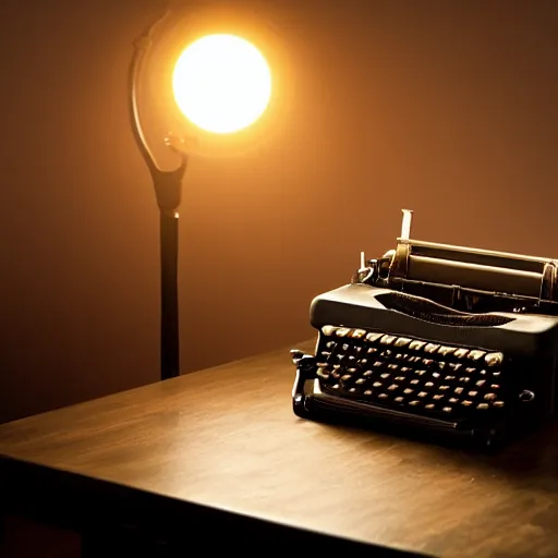 Image similar to painting of a typewriter on a desk in a dimly lit room, volumetric lighting, style of greg rutkowski