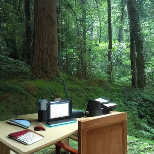 Prompt: A small desk in the middle of a forest by Studio Ghibli