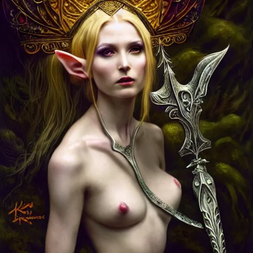 Prompt: A female Elf priestess, unique non conventional beauty, fantasy, intricate, elegant, dramatic lighting, emotionally evoking symbolic metaphor, highly detailed, lifelike, photorealistic, digital painting, concept art, smooth, sharp focus, illustration, art by John Collier and Albert Aublet and Krenz Cushart and Artem Demura and Alphonse Mucha