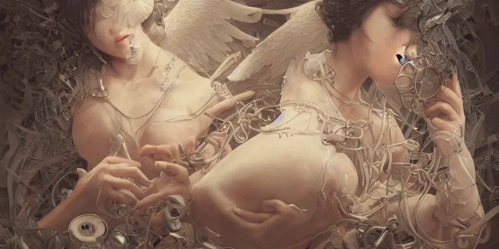 Image similar to hyperrealistic photography of a highly detailed and symmetrical gorgeous female angel constructing a birth machine in the style of Jin Kagetsu, James Jean and wlop, highly detailed, face symmetry, masterpiece, award-winning, sharp focus, intricate concept art, ambient lighting, 8k, artstation